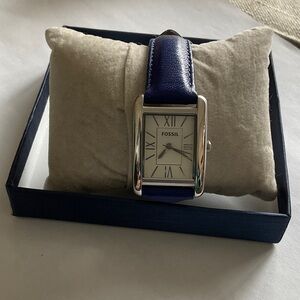 Fossil Silver Rectangular Watch with Blue Leather Strap